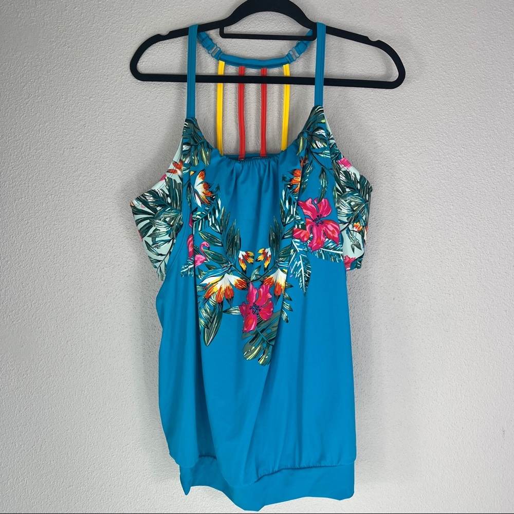 Swim by Cacique layered Tankini top Tropical strappy flamingo floral print